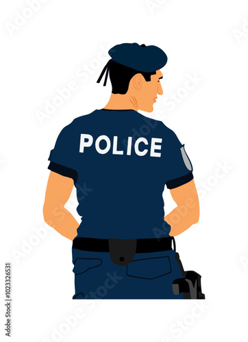 Policeman officer on duty vector illustration isolated on white background. Police man in uniform in patrol on street. Security service member protect people. Law and order. Against terrorism unit.