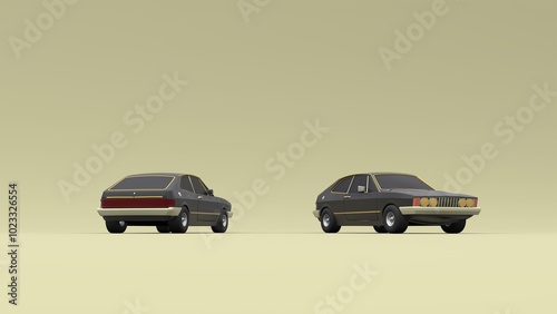 Cool looking old fashion cars, studio render on green background. Bright modern car design. 3d illustration.