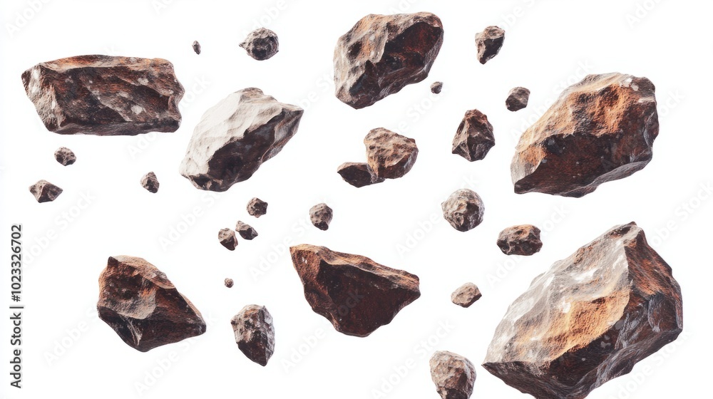 A collection of flying asteroids of various sizes in motion isolated on a white background