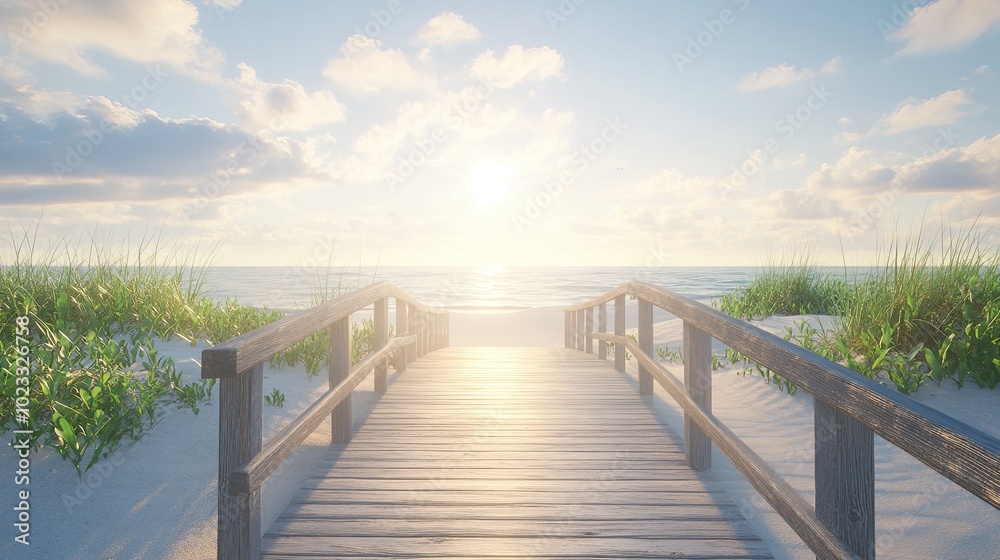 Sunlit boardwalk leading to the ocean, with ample space for copy in the sky Sunlit boardwalk leading to the ocean, with ample space for copy in the sky