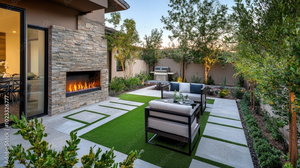 Cozy outdoor living area with modern patio furniture, a warm fireplace, and lush landscaping, offering a luxurious backyard experience. Cozy outdoor living area with modern patio furniture, a warm fireplace, and lush landscaping, offering a luxurious backyard experience.