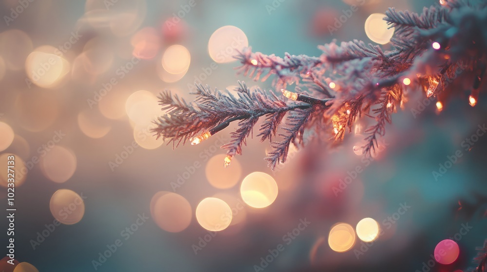 Frosted evergreen branch adorned with warm holiday lights. Frosted evergreen branch adorned with warm holiday lights.