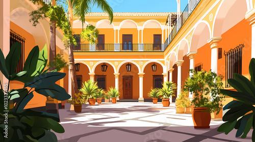 Historical courtyard in seville, andalusian architecture with classic elements, tourist attraction in spain. Moorish Palace. Illustration