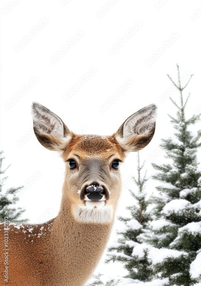 The Sika deer ( Cervus nippon, the spotted deer ) walking in the snow in a fir forest and glade in winter The Sika deer ( Cervus nippon, the spotted deer ) walking in the snow in a fir forest and glade in winter