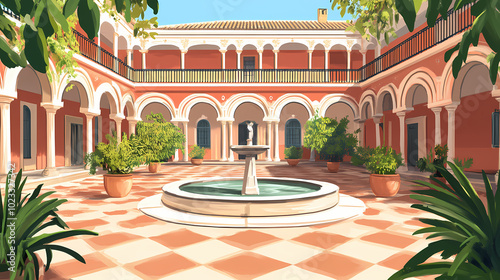 Historical courtyard in seville, andalusian architecture with classic elements, tourist attraction in spain. Moorish Palace. Illustration