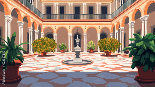Historical courtyard in seville, andalusian architecture with classic elements, tourist attraction in spain. Moorish Palace. Illustration