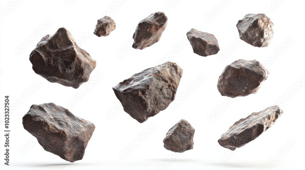 A collection of flying asteroids with rough surfaces isolated on a white background
