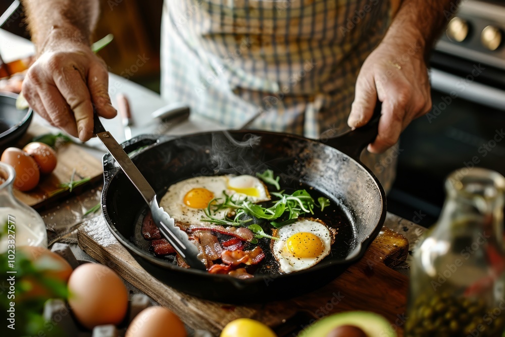 Rustic cooking: chef preparing breakfast with eggs and bacon in cast iron skillet Rustic cooking: chef preparing breakfast with eggs and bacon in cast iron skillet