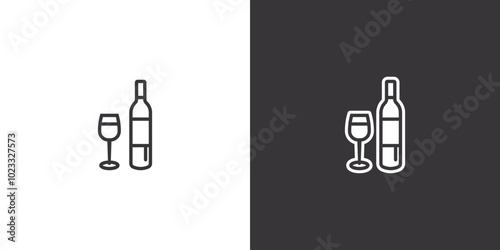 Wine bottle with glass on white and black background. Original vector illustration in vintage style.
