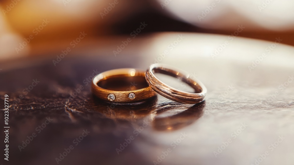 Two wedding rings displayed on a wooden surface. Two wedding rings displayed on a wooden surface.
