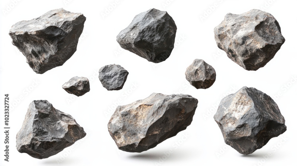 A collection of flying asteroids with rough surfaces isolated on a white background A collection of flying asteroids with rough surfaces isolated on a white background