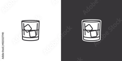 Glass of whiskey with ice on white and black background. Original vector illustration in vintage style.