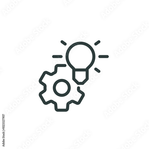 Innovation solution, theory and practice, theoretical knowledge outline icon. Line sign light bulb and gear. Vector isolated pictogram for web and app on white background editable stroke.