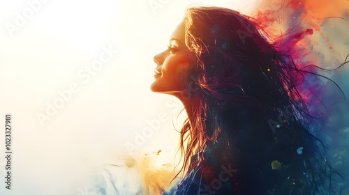 A beautiful woman with long hair, surrounded by colorful smoke and light effects, creating an abstract background