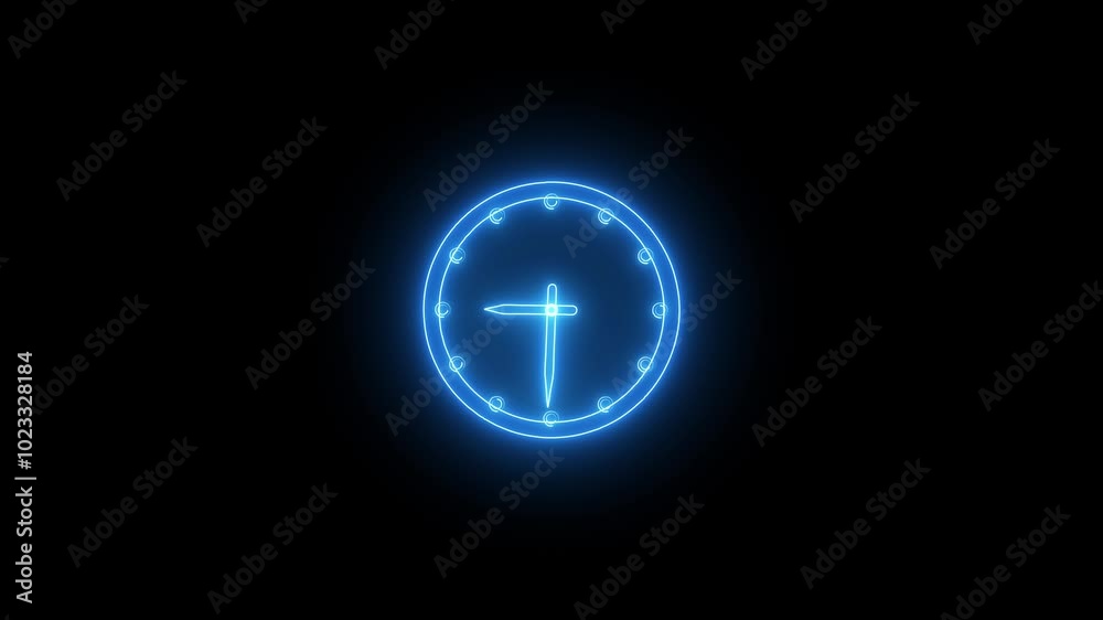 Abstract neon clock icon glowing on black background Abstract neon clock icon glowing on black background