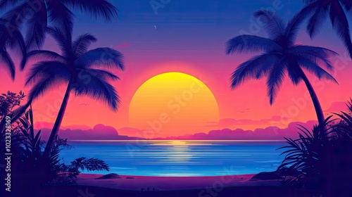 Tropical sunset with vibrant colors over the ocean. Ample space for copy in the clear sky. Summer evening