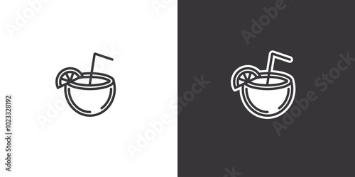 Coconut juice with straw on white and black background. Original vector illustration in vintage style.