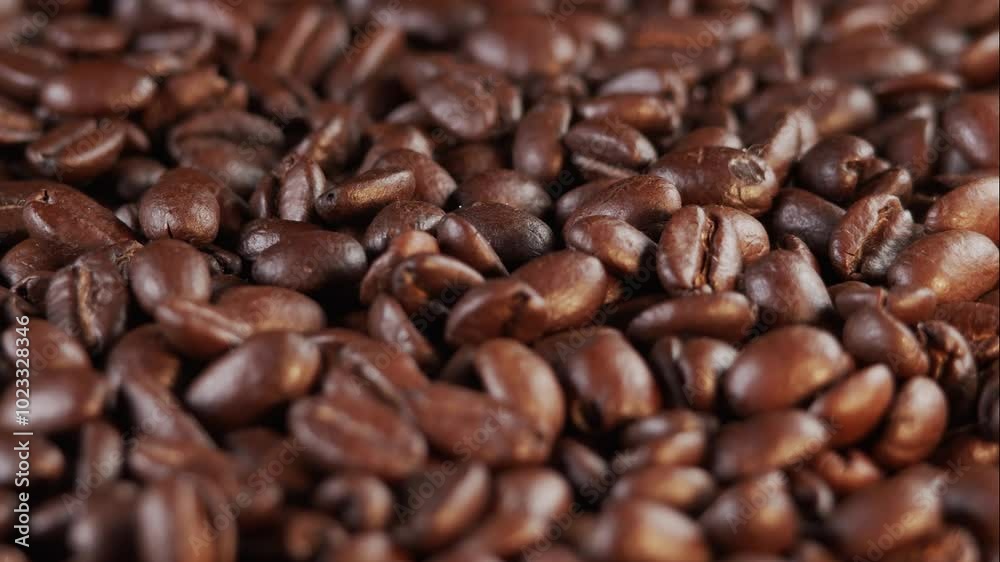 Roasted coffee beans dolly shot. Aromatic coffee beans move slowly. Slide slow motion close-up of whole roasted coffee beans. Roasted coffee beans dolly shot. Aromatic coffee beans move slowly. Slide slow motion close-up of whole roasted coffee beans.