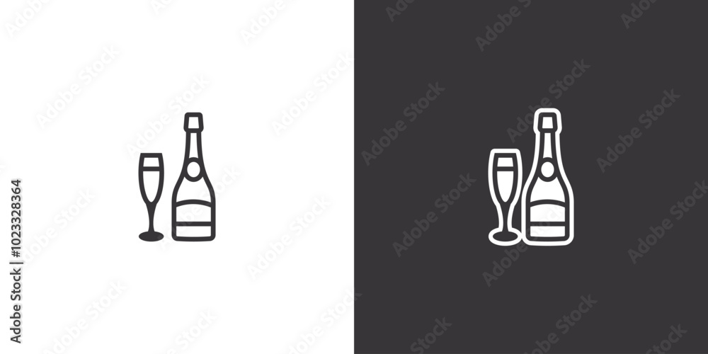 Bottle of champagne with a glass on white and black background. Original vector illustration in vintage style. Bottle of champagne with a glass on white and black background. Original vector illustration in vintage style.