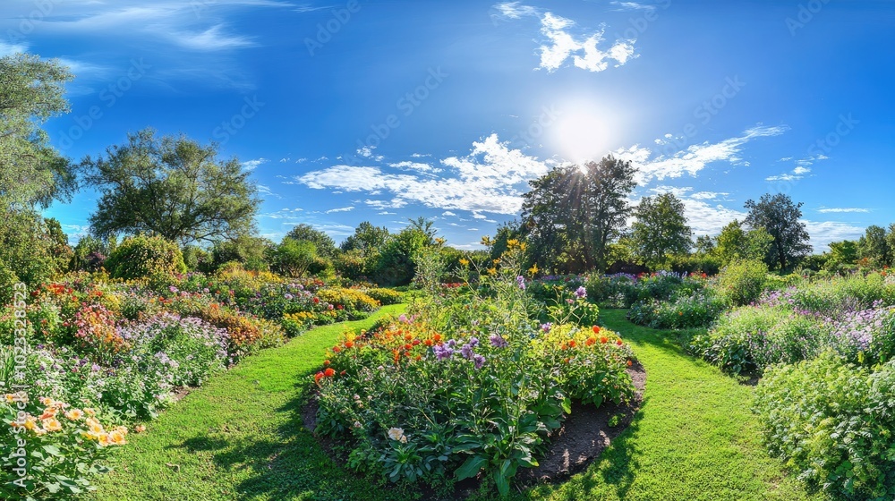 Obraz premium Vibrant garden filled with blooming summer flowers and clear blue skies above. Copy space in the sky