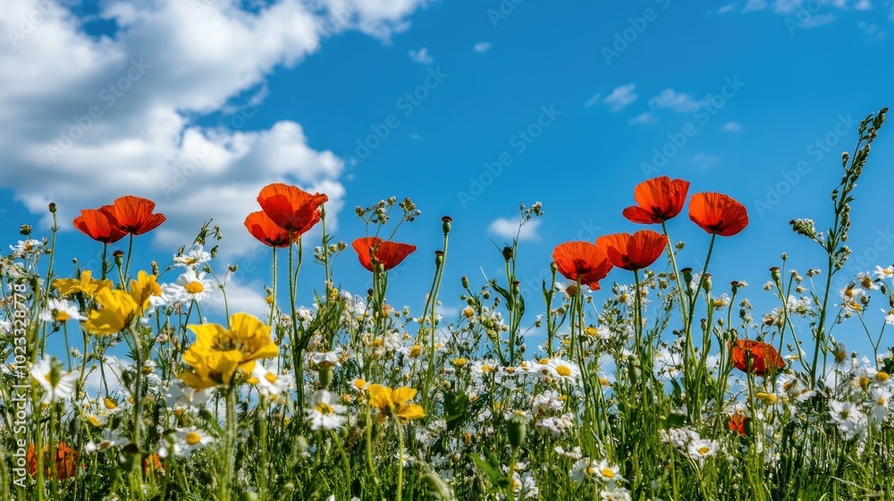 Obraz premium Vibrant summer flowers in full bloom under a bright blue sky. Room for text in the open sky