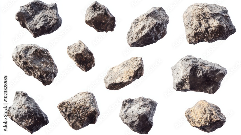 A collection of rocky, textured flying asteroids isolated on a clean white background A collection of rocky, textured flying asteroids isolated on a clean white background