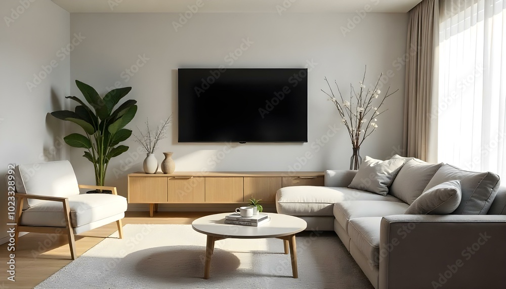 Aesthetic TV lounge with modern wooden cabinets in light oak, a large flat-screen TV mounted on a white wall, a plush gray sectional sofa with decorative cushions, and a sleek glass coffee table. Morn Aesthetic TV lounge with modern wooden cabinets in light oak, a large flat-screen TV mounted on a white wall, a plush gray sectional sofa with decorative cushions, and a sleek glass coffee table. Morn