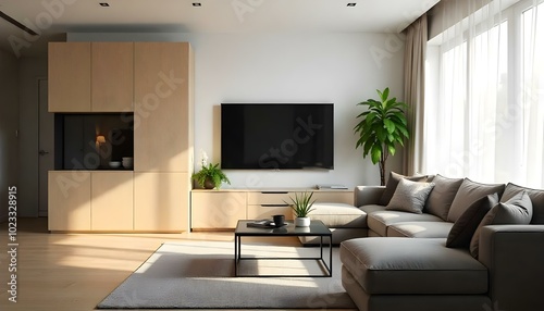 Aesthetic TV lounge with modern wooden cabinets in light oak, a large flat-screen TV mounted on a white wall, a plush gray sectional sofa with decorative cushions, and a sleek glass coffee table. Morn