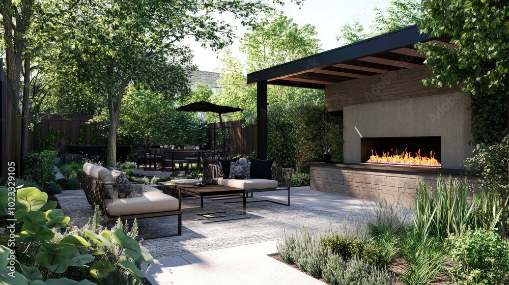 Luxury outdoor patio with a cozy fireplace, modern furniture, and elegantly landscaped plants creating a serene and stylish backyard escape. Luxury outdoor patio with a cozy fireplace, modern furniture, and elegantly landscaped plants creating a serene and stylish backyard escape.