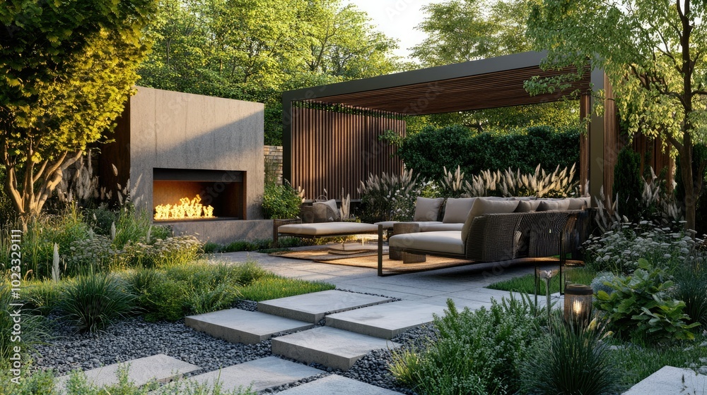 Luxury outdoor patio with a cozy fireplace, modern furniture, and elegantly landscaped plants creating a serene and stylish backyard escape.