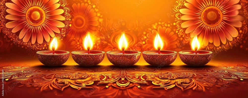 Five traditional oil lamps illuminated against a vibrant orange backdrop, adorned with floral patterns for festive occasions. Five traditional oil lamps illuminated against a vibrant orange backdrop, adorned with floral patterns for festive occasions.