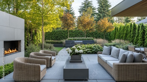 Luxury outdoor space with contemporary patio furniture and a cozy fireplace, framed by a lushly landscaped garden. An elegant backyard retreat.