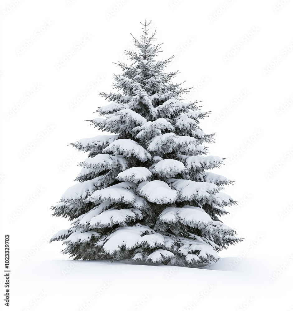 The snow-covered spruce trees on a white background have space for text The snow-covered spruce trees on a white background have space for text