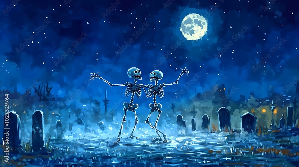 A whimsical cartoon-style scene of skeletons dancing around in a graveyard under a starry sky. Soft fog drifts between the tombstones, and the skeletons move in exaggerated dance poses, A whimsical cartoon-style scene of skeletons dancing around in a graveyard under a starry sky. Soft fog drifts between the tombstones, and the skeletons move in exaggerated dance poses,