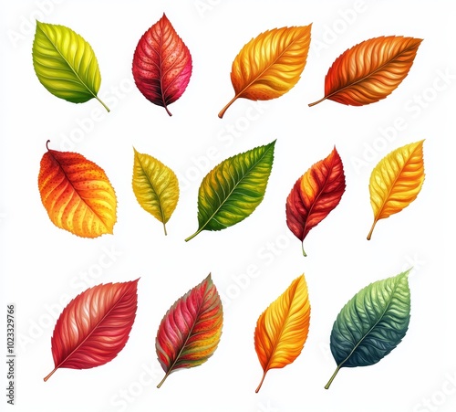 High-resolution set of backlit autumn beech tree leaves on white background