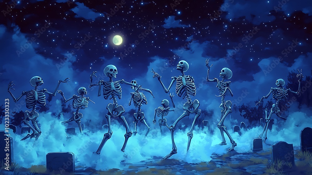 A whimsical cartoon-style scene of skeletons dancing around in a graveyard under a starry sky. Soft fog drifts between the tombstones, and the skeletons move in exaggerated dance poses,