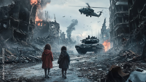 Two homeless little girl walking in destroyed city, soldiers and helicopters and tanks are still attacking the city