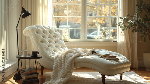 Sunlit Reading Nook with Elegant Chaise Lounge & Cozy Ambiance