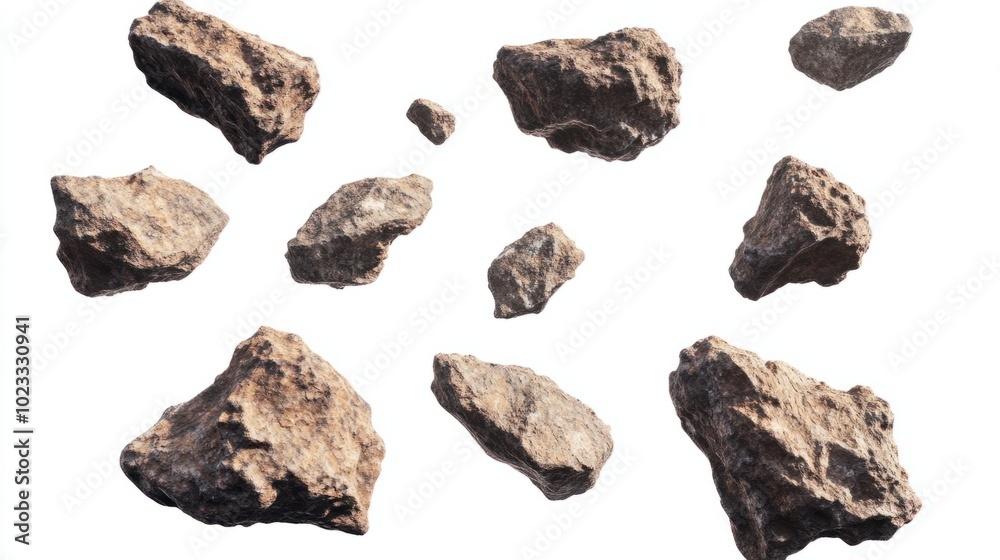 Group of dynamic flying asteroids with detailed textures isolated on a white background Group of dynamic flying asteroids with detailed textures isolated on a white background
