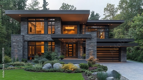 elegant modern house facade with a welcoming main entrance beautifully landscaped backyard and luxurious design elements that reflect contemporary living and comfort