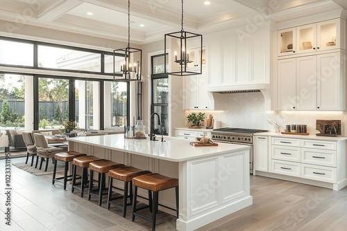 elegant modern kitchen with a streamlined design showcasing a central island with stylish dining options emphasizing luxury and functionality in a home setting