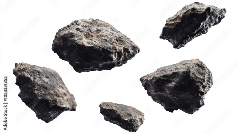 Group of jagged flying asteroids moving through space, isolated against white Group of jagged flying asteroids moving through space, isolated against white