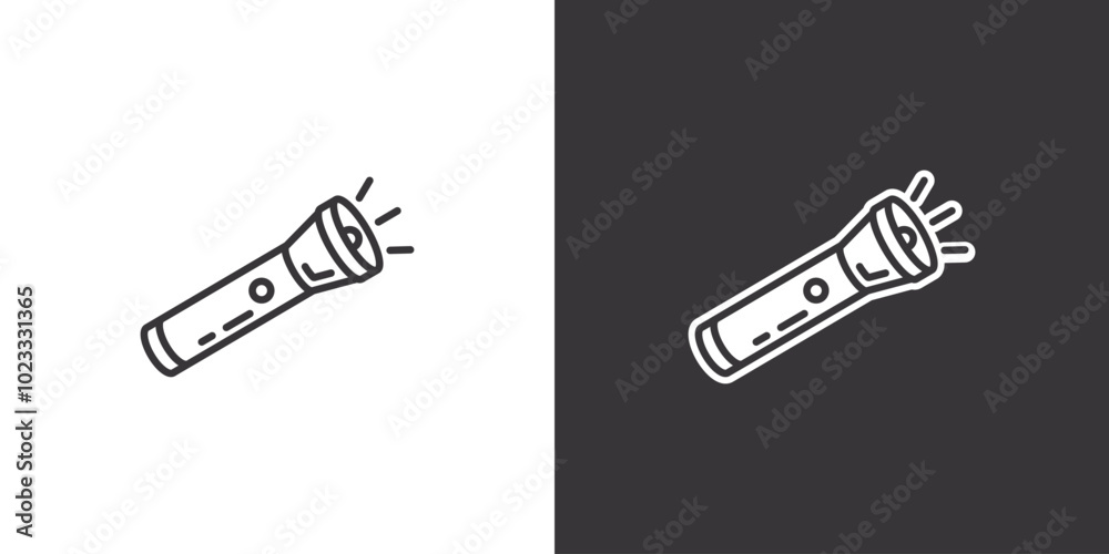 Camping flashlight on white and black background. Original vector illustration in vintage style. Camping flashlight on white and black background. Original vector illustration in vintage style.