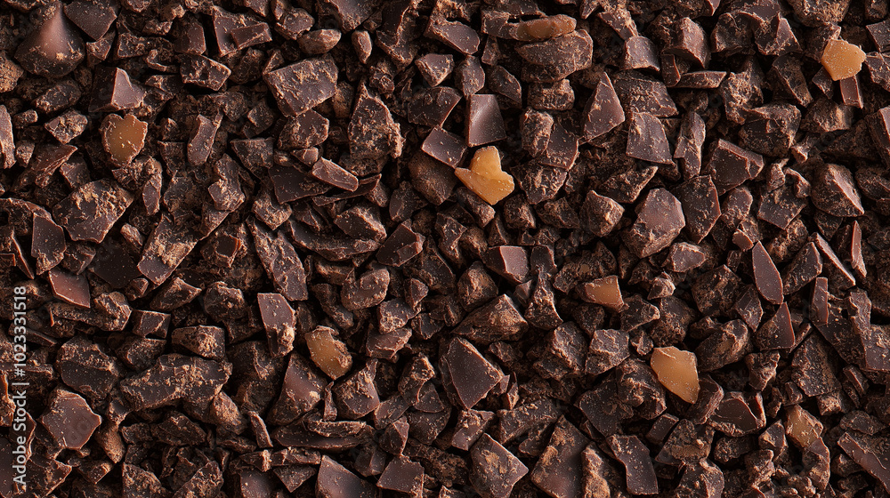 a close-up, top-down view of chopped ginger-flavored chocolate, with dark brown chocolate pieces intermixed with tiny bits of crystallized ginger a close-up, top-down view of chopped ginger-flavored chocolate, with dark brown chocolate pieces intermixed with tiny bits of crystallized ginger