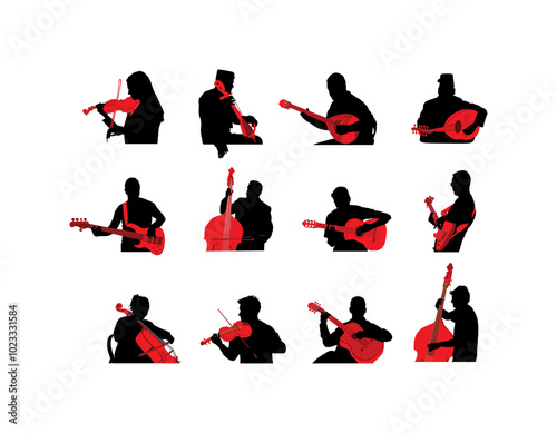 String instrumentalist band play string instrument vector silhouette isolated. Folklore concert. Music orchestra collection. Musician entertainment jazz event party. Music players group singer set.
