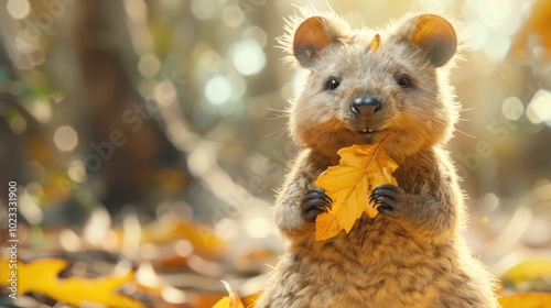 A cute and fuzzy squirrel holding a vibrant fall leaf exploring its natural woodland habitat during the golden hour of autumn photo