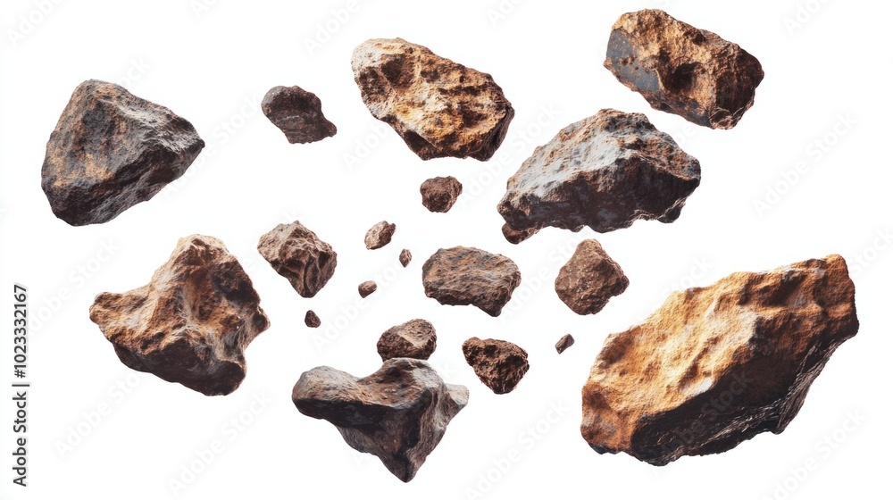 Group of rugged flying asteroids of different sizes, isolated on a clean white background Group of rugged flying asteroids of different sizes, isolated on a clean white background