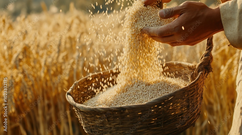 Hands releasing grain into a basket amid wheat stalks