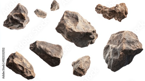 Group of rugged flying asteroids of different sizes, isolated on a clean white background