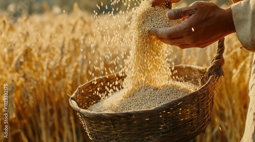 Obraz na płótnie Hands releasing grain into a basket amid wheat stalks w salonie